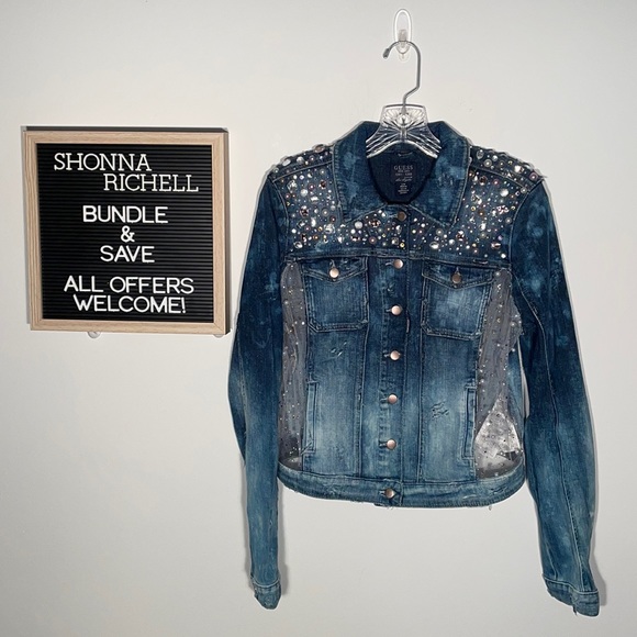 Custom Bleached & Distressed Denim Jacket w/ Sheer Embellished Back & Sides - Picture 1 of 9